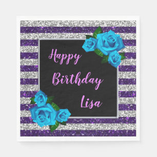 Serviette En Papier Parties scintillant Bleu Argent Bleu Roses Anniver