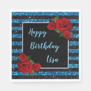 Serviette En Papier Parties scintillant Bleu Et Noir Roses Rouges Anni