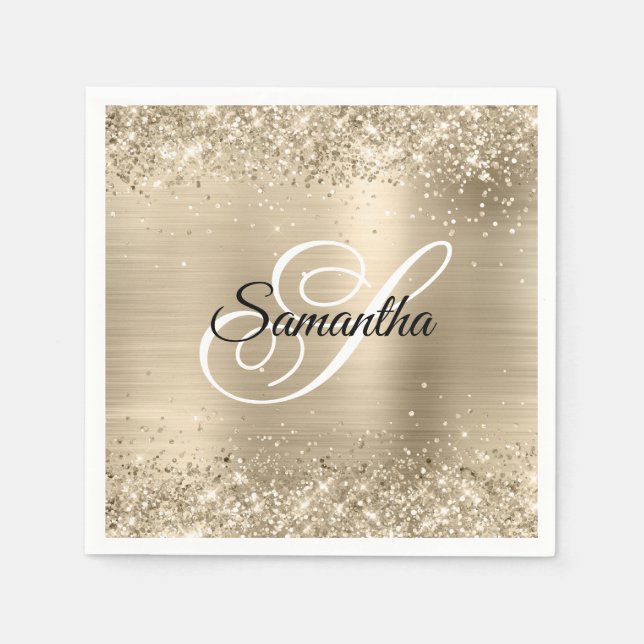 Serviette En Papier Parties scintillant Champagne Foil Fancy Monogramm (Devant)