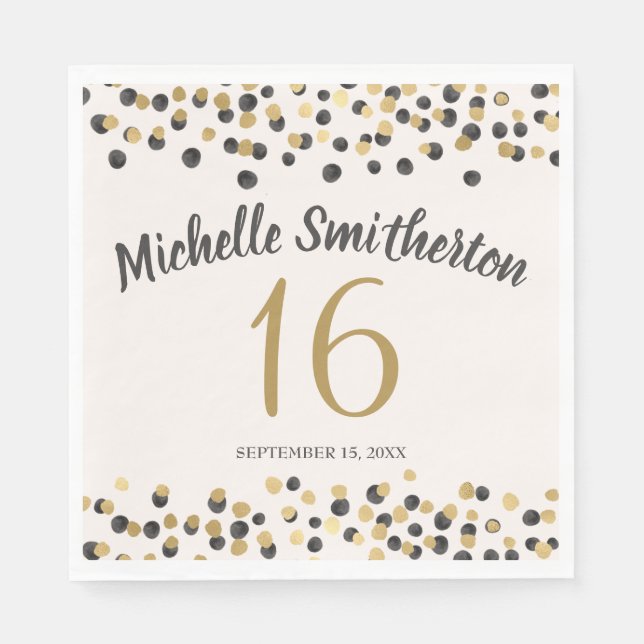 Serviette En Papier Parties scintillant Confetti en or noir 16e annive (Devant)