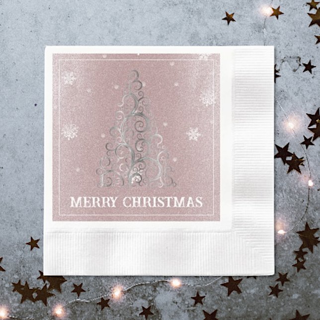 Serviette En Papier Parties scintillant d'arbre de Noël et flocons de  (Pink Christmas Tree Glitter and Snowflakes Napkins)