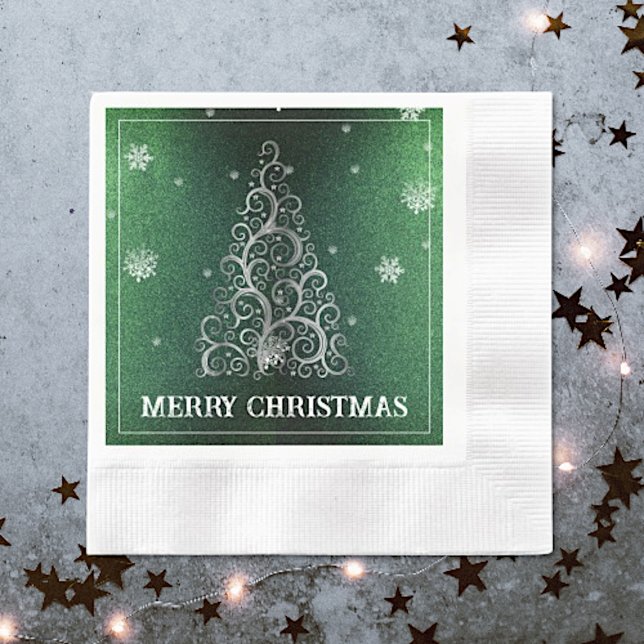 Serviette En Papier Parties scintillant d'arbre de Noël et flocons de  (Green Christmas Tree Glitter and Snowflakes Napkins)