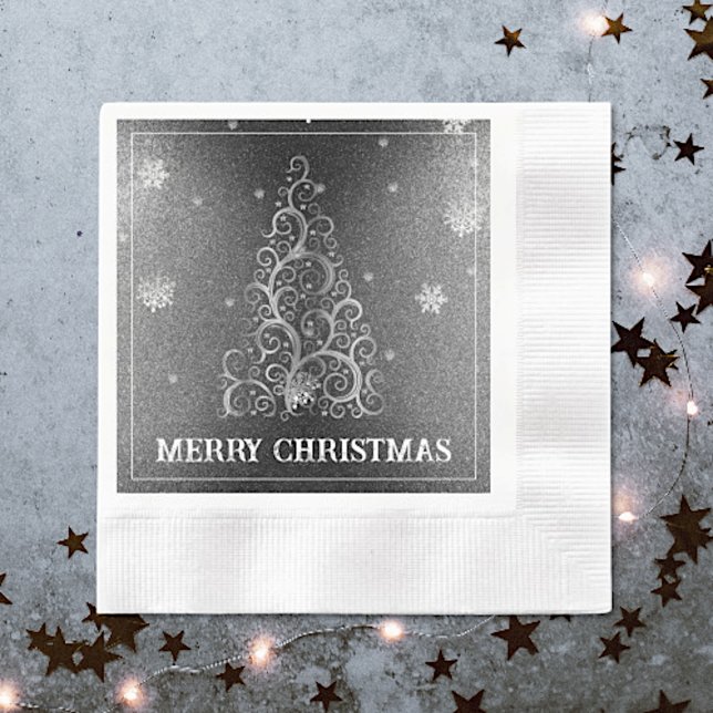 Serviette En Papier Parties scintillant d'arbre de Noël et flocons de  (Silver Christmas Tree Glitter and Snowflakes Napkins)