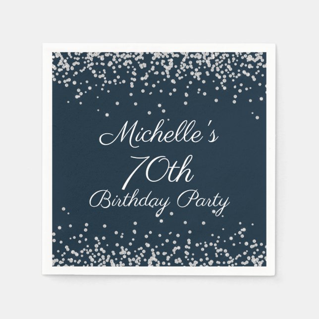 Serviette En Papier Parties scintillant d'argent bleu marine 70e fête  (Devant)