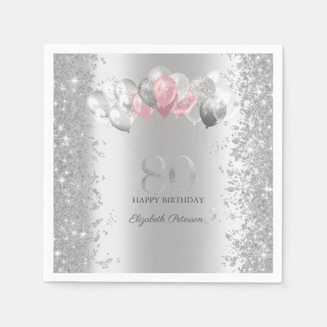 Serviette En Papier Parties scintillant d'argent Confetti Ballons rose (Devant)