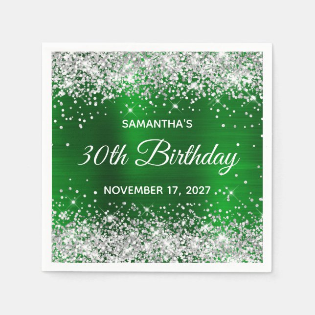 Serviette En Papier Parties scintillant d'argent Emerald Green Foil 30 (Devant)