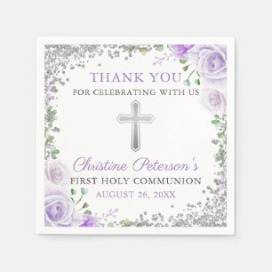 Serviette En Papier Parties scintillant d'argent florale pourpre Premi