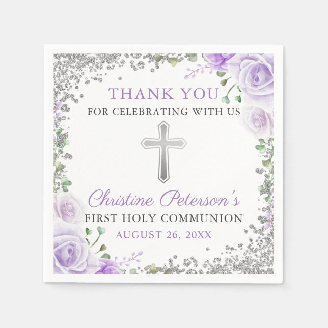 Serviette En Papier Parties scintillant d'argent florale pourpre Premi (Devant)