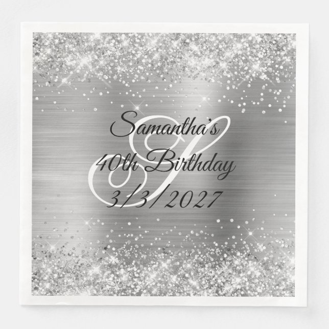 Serviette En Papier Parties scintillant d'argent mousseux et Foil 40e  (Devant)
