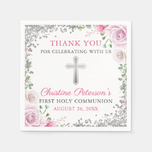 Serviette En Papier Parties scintillant d'argent rose Floral Première