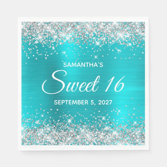 Serviette En Papier Parties scintillant d'argent Turquoise bleu Ombre  (Devant)