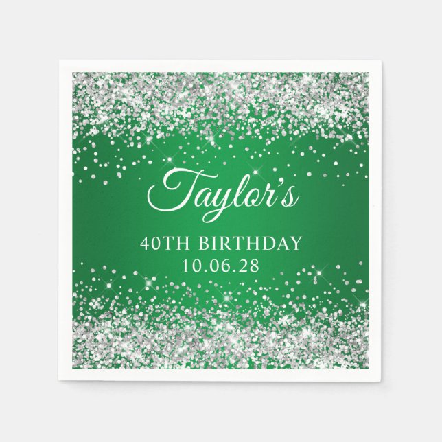 Serviette En Papier Parties scintillant d'argent vert Ombre 40e annive (Devant)