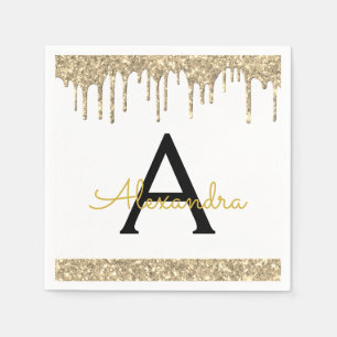 Serviette En Papier Parties scintillant d'or blanc Monogramme noir Ann