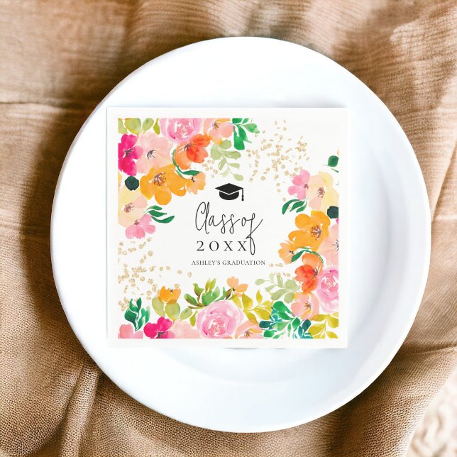 Serviette En Papier Parties scintillant d'or classe botanique florale  (Gold glitter floral botanical class of graduation napkins)