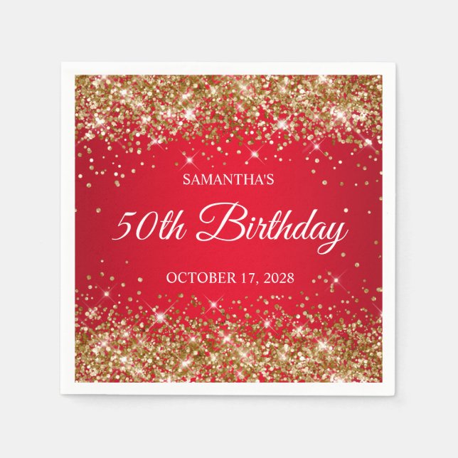 Serviette En Papier Parties scintillant d'or et 50e anniversaire rouge (Devant)