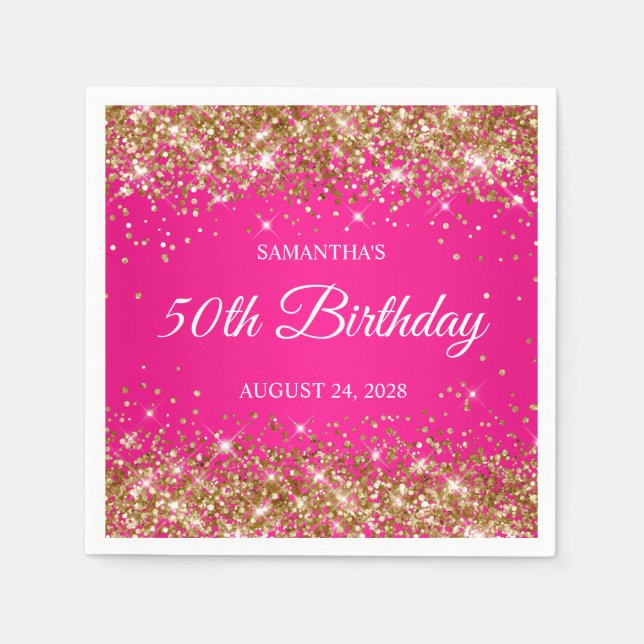 Serviette En Papier Parties scintillant d'or et Hot Pink 50e anniversa (Devant)