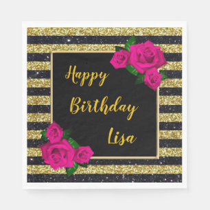Serviette En Papier Parties scintillant d'or noir rayures rose roses A