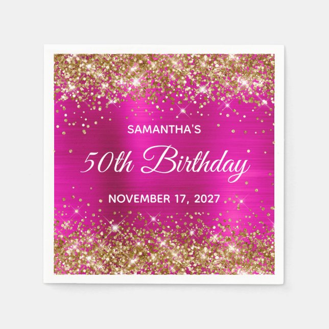 Serviette En Papier Parties scintillant d'or Pink Hot Foil 50e anniver (Devant)