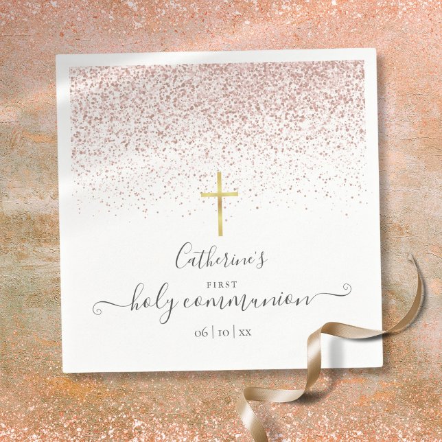 Serviette En Papier Parties scintillant d'or Rose moderne Première com (Modern Rose Gold Glitter First Holy Communion Napkins)