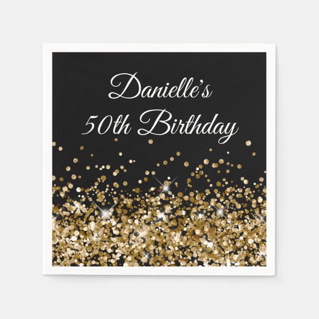 Serviette En Papier Parties scintillant d'or sur Black 50th Birthday (Devant)