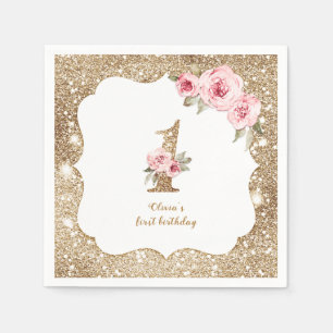Serviette En Papier Parties scintillant dorée étincelante et fleurs ro