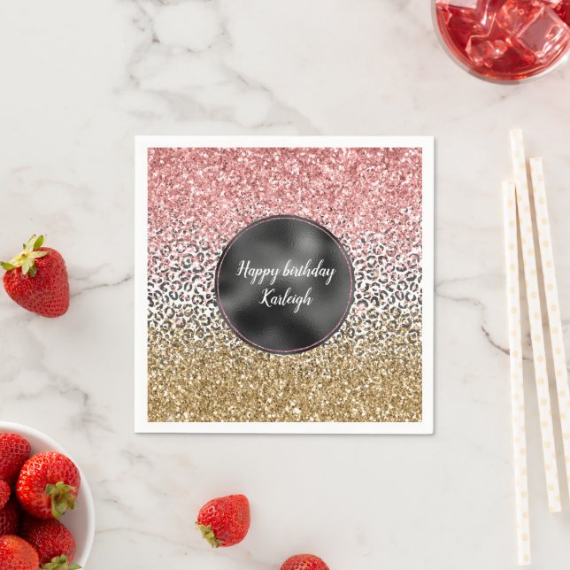 Serviette En Papier Parties scintillant Empreinte de léopard rose noir (En situation)