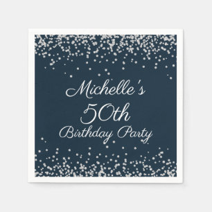 Serviette En Papier Parties scintillant en argent bleu marine 50e fête