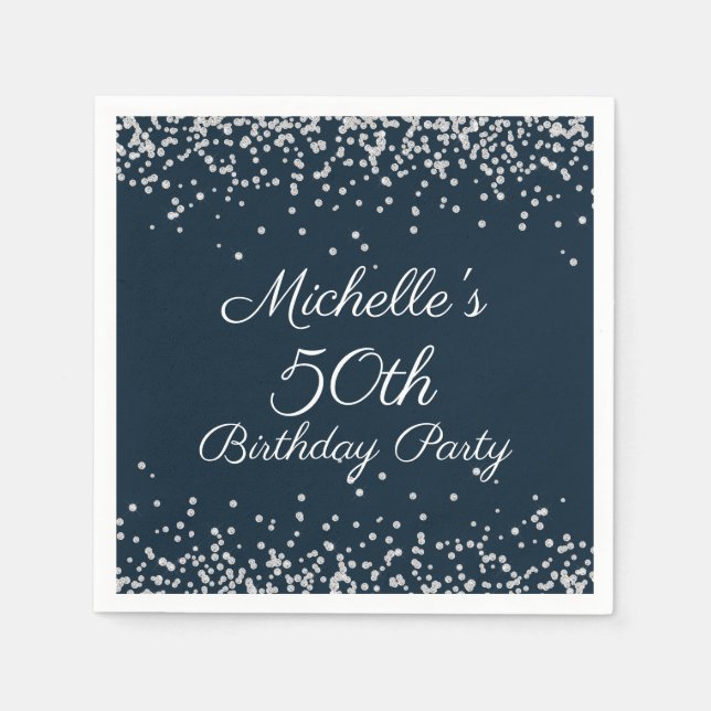 Serviette En Papier Parties scintillant en argent bleu marine 50e fête (Devant)