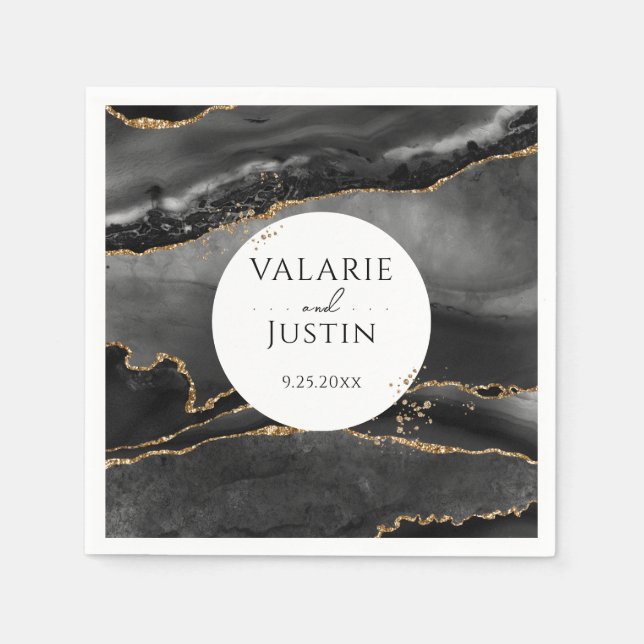 Serviette En Papier Parties scintillant en or noir Mariage de marbre (Devant)