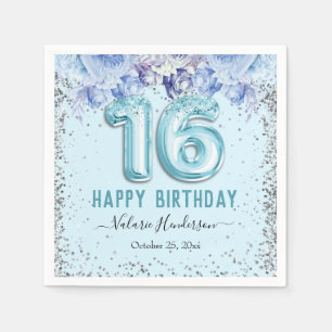 Serviette En Papier Parties scintillant florale Bleu clair Joyeux 16e