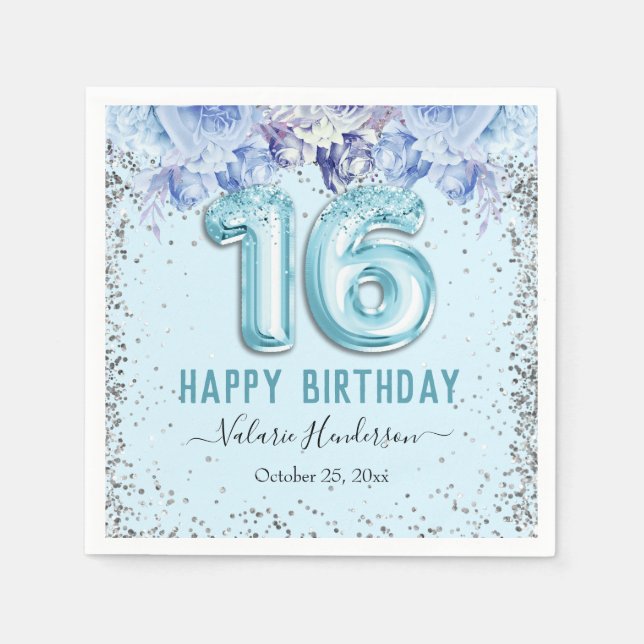 Serviette En Papier Parties scintillant florale Bleu clair Joyeux 16e  (Devant)