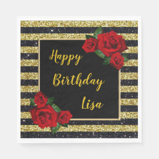 Serviette En Papier Parties scintillant Gold Et Black Stripes Roses Ro