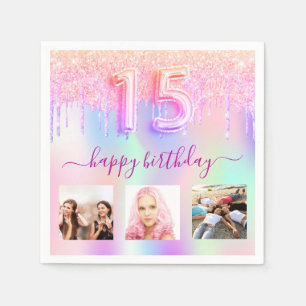 Serviette En Papier Parties scintillant holographique rose Quinceanera