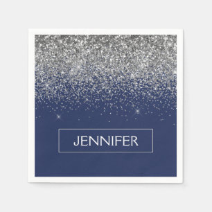 Serviette En Papier Parties scintillant Monogram Navy Blue Silver Glam