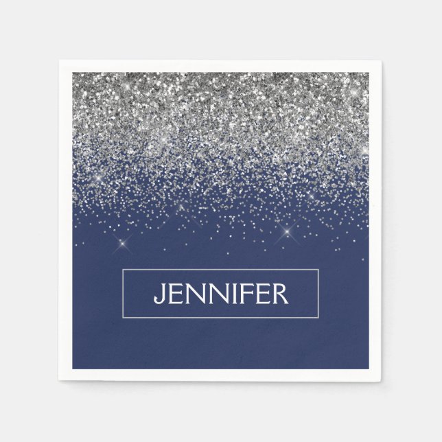 Serviette En Papier Parties scintillant Monogram Navy Blue Silver Glam (Devant)