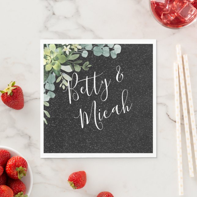 Serviette En Papier Parties scintillant noire et Mariage Eucalyptus (En situation)