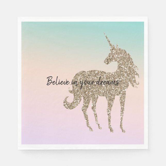 Serviette En Papier Parties scintillant Or Unicorn Aqua Peach Pink Omb (Devant)