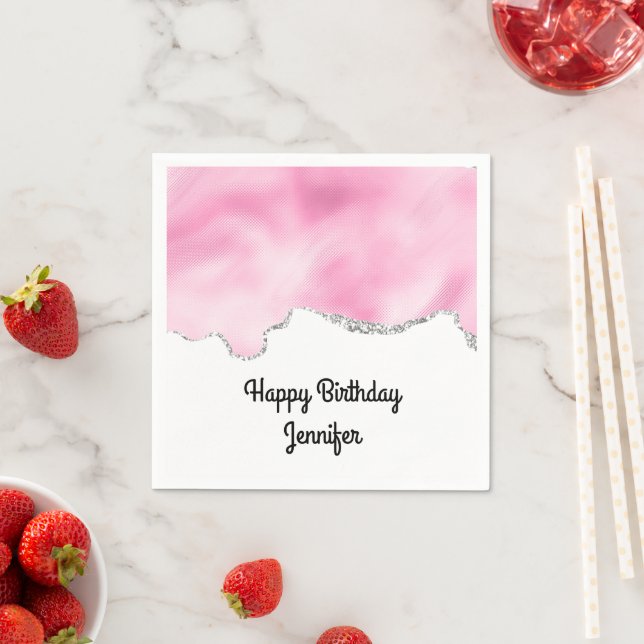 Serviette En Papier Parties scintillant rose et argent Faux Bordure él (En situation)
