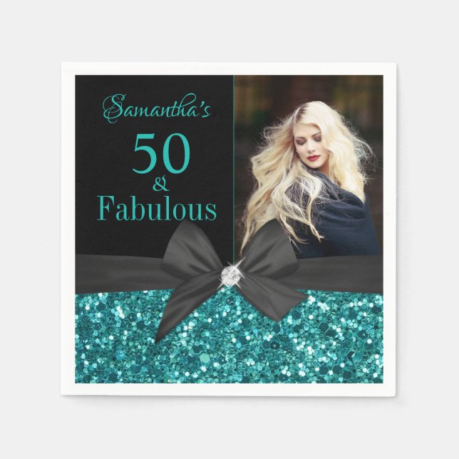 Serviette En Papier Parties scintillant turquoise Bow noir 50e anniver (Devant)