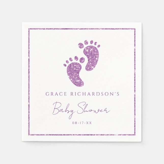 Serviette En Papier Parties scintillant violet Baby shower pieds bébé  (Devant)
