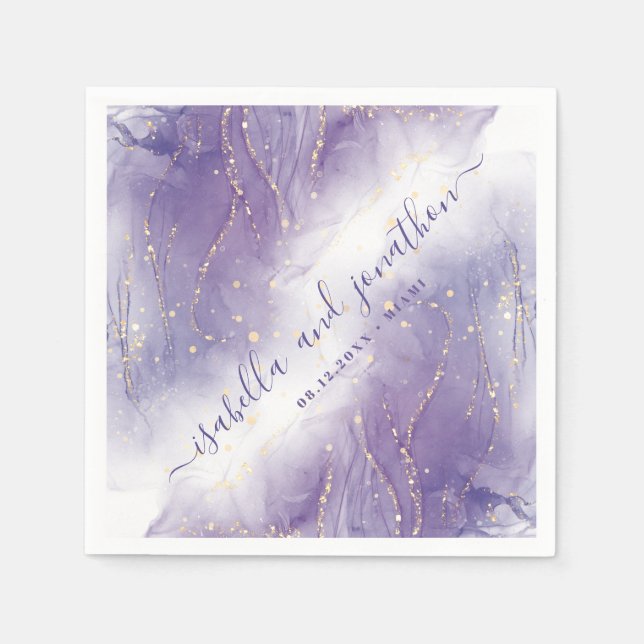 Serviette En Papier Parties scintillant violet et or Aquarelle Mariage (Devant)
