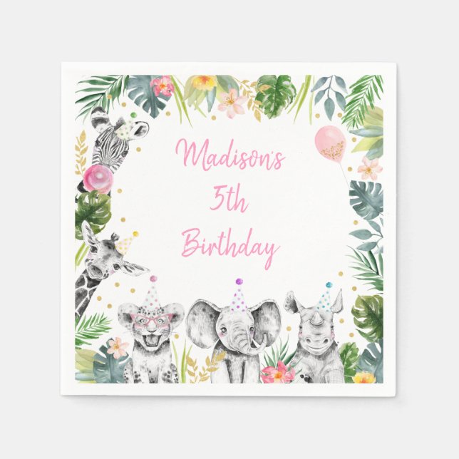 Serviette En Papier Party Animal rose or Tropical Safari Anniversaire (Devant)