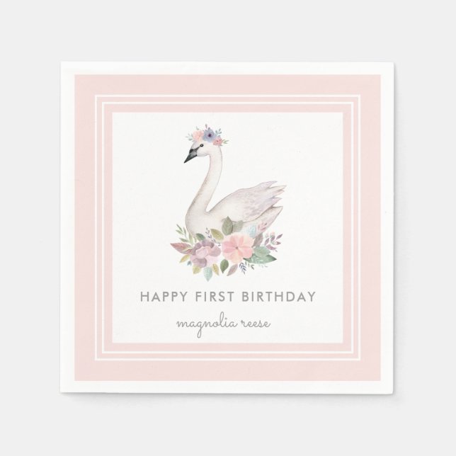 Serviette En Papier Pastel Aquarelle Floral Swan Princesse Anniversair (Devant)