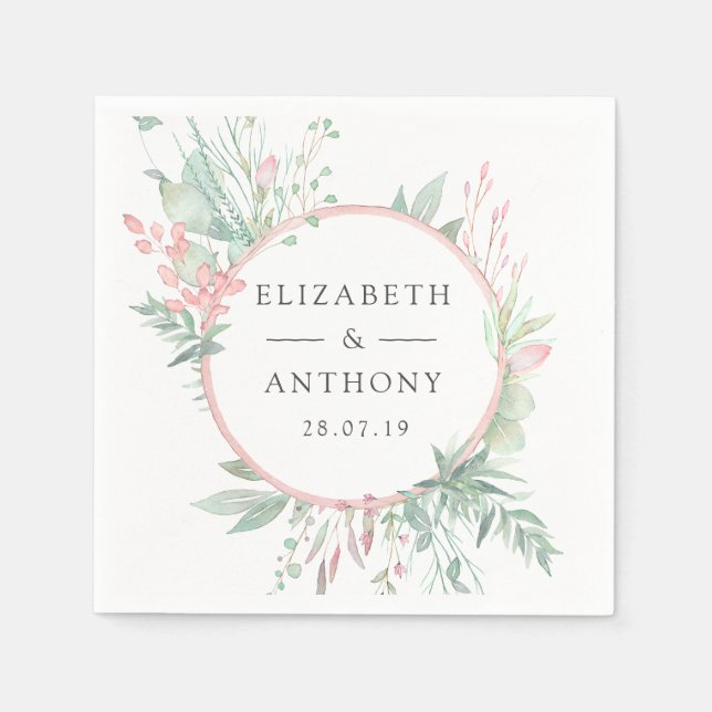 Serviette En Papier Pastel Blush rose et Mariage vert (Devant)