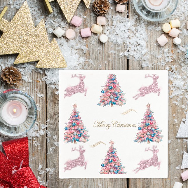 Serviette En Papier Pastel Christmas Trees and Reindeer Christmas (Pastel Christmas Trees and Reindeer Christmas Paper Napkins by the Olde Christmas Shoppe)