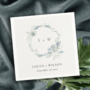 Serviette En Papier Pastel Dusky Blue Floral Wreath Mariage Monogramme