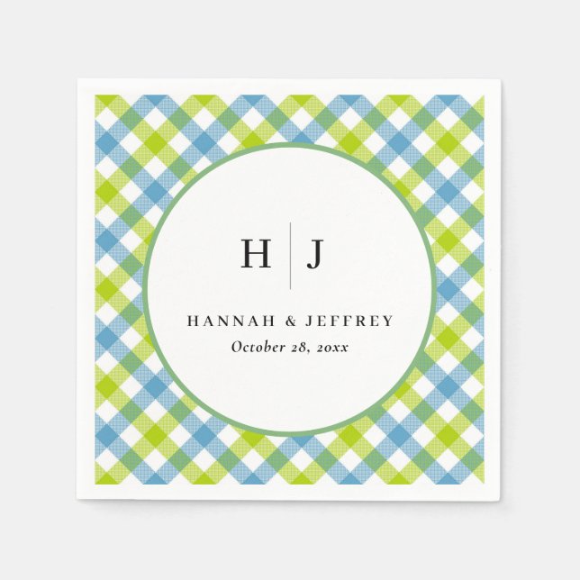 Serviette En Papier Pastel En vichy Mariage bleu vert (Devant)