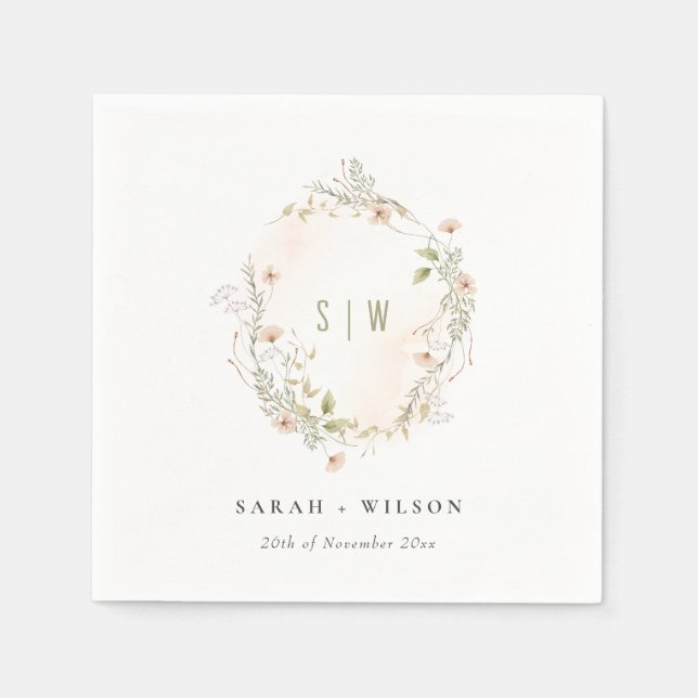 Serviette En Papier Pastel Fleur sauvage Floral Monogramme Mariage de  (Devant)