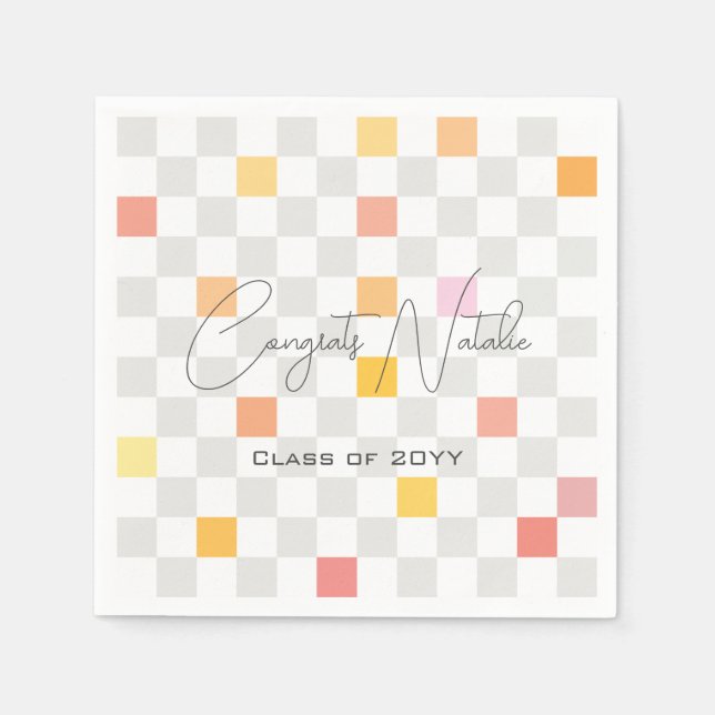 Serviette En Papier Pastel & Grey Checks Fête de Graduation esthétique (Devant)