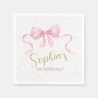 Serviette En Papier Pastel Pink Bow & Elegant Gold Script Anniversaire